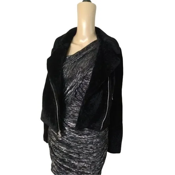 L'AGENCE Fur Moto Biker Crop Jacket Black New